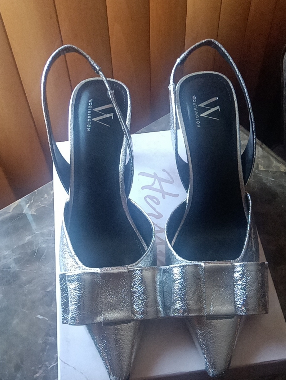 Worthington Metallic Silver Pointed Toe Slingback Pumps with Bow Detail
